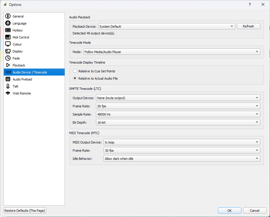 Audio Device and Timecode Settings